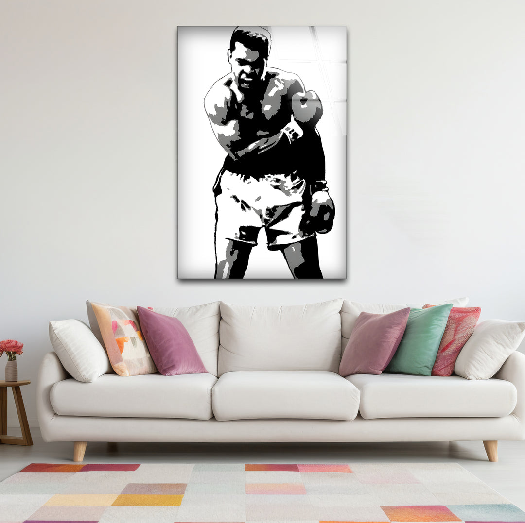 Unique black and white wall decor showcasing Muhammad Ali in a dramatic and minimalist composition

