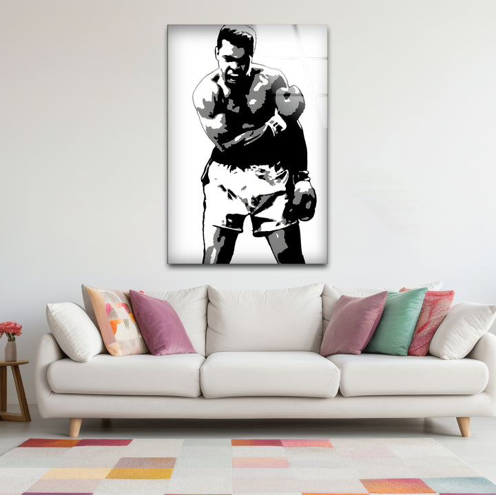 Unique black and white wall decor showcasing Muhammad Ali in a dramatic and minimalist composition
