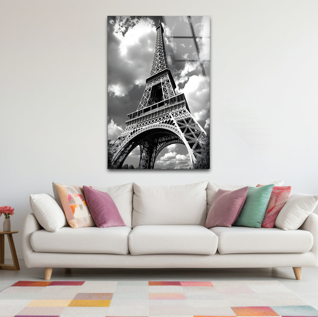 Unique black and white wall decor showcasing a bold close-up of the Eiffel Tower in a minimalist composition
