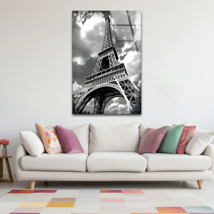 Unique black and white wall decor showcasing a bold close-up of the Eiffel Tower in a minimalist composition

