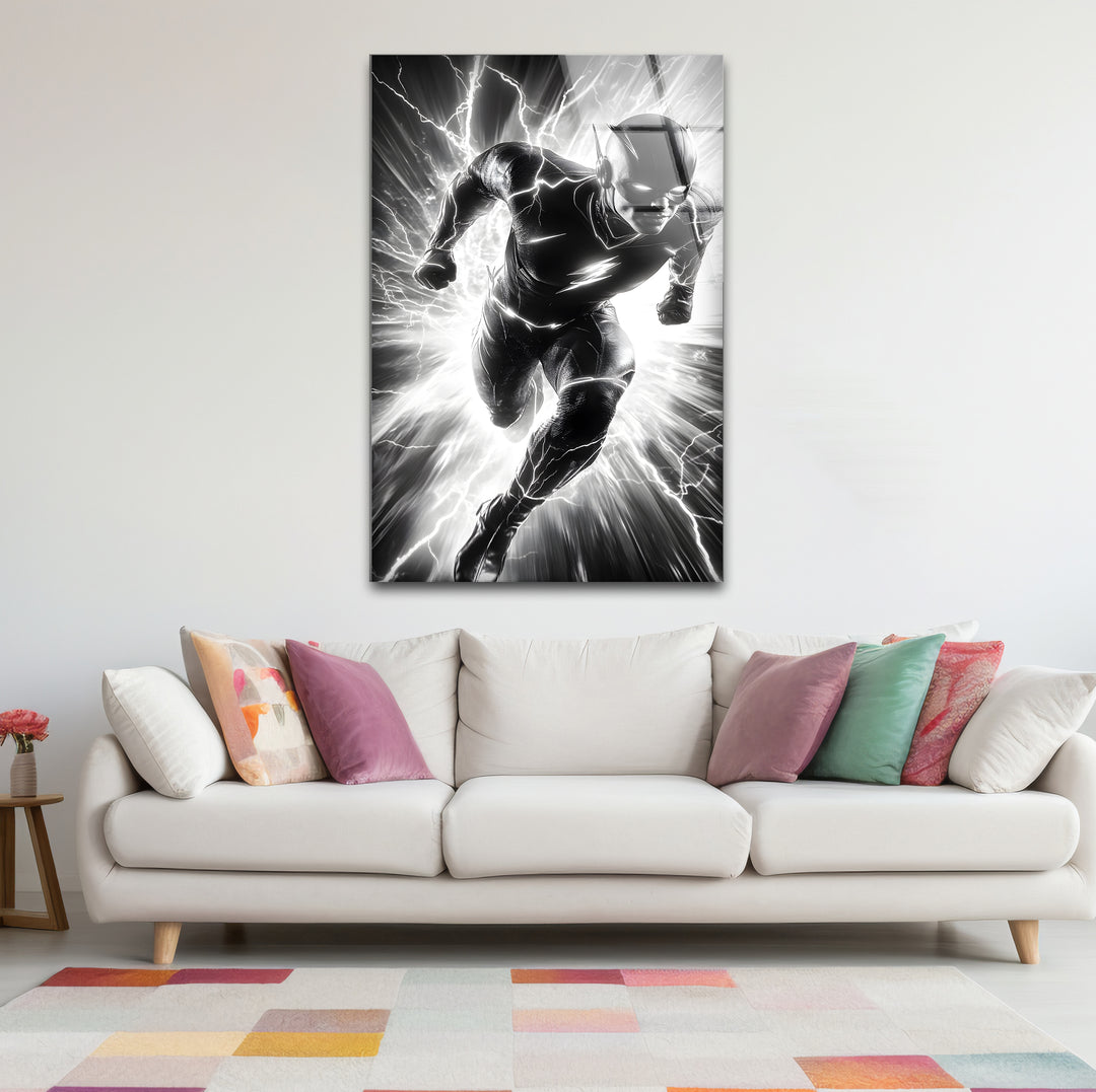 Sophisticated black and white framed art capturing the intensity of Flash with intricate details
