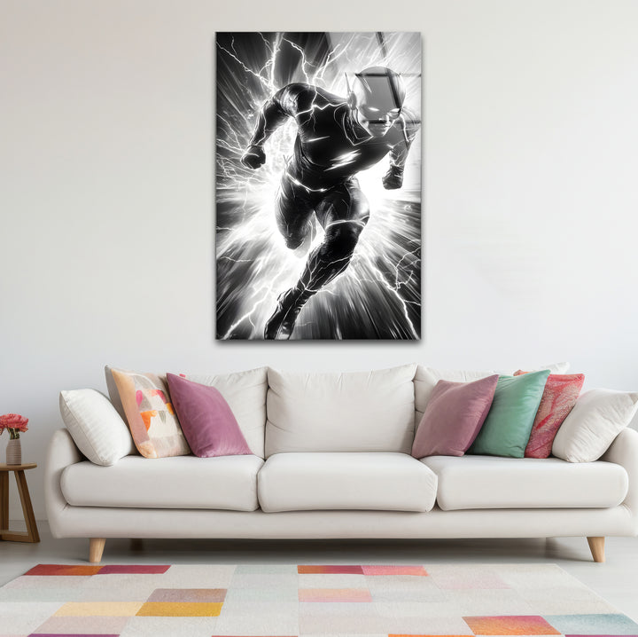 Sophisticated black and white framed art capturing the intensity of Flash with intricate details
