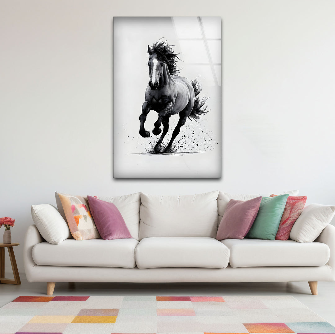 Captivating black and white framed art showing a galloping horse with detailed textures.