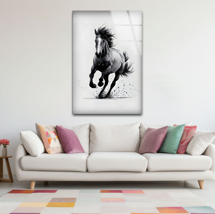 Captivating black and white framed art showing a galloping horse with detailed textures.
