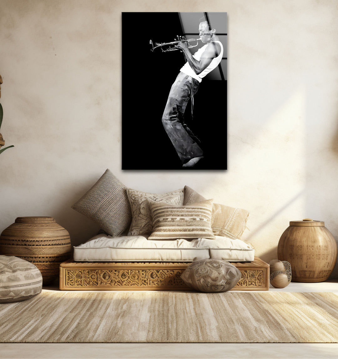 Chic black and white framed art portraying Miles Davis in a sleek, contemporary style.