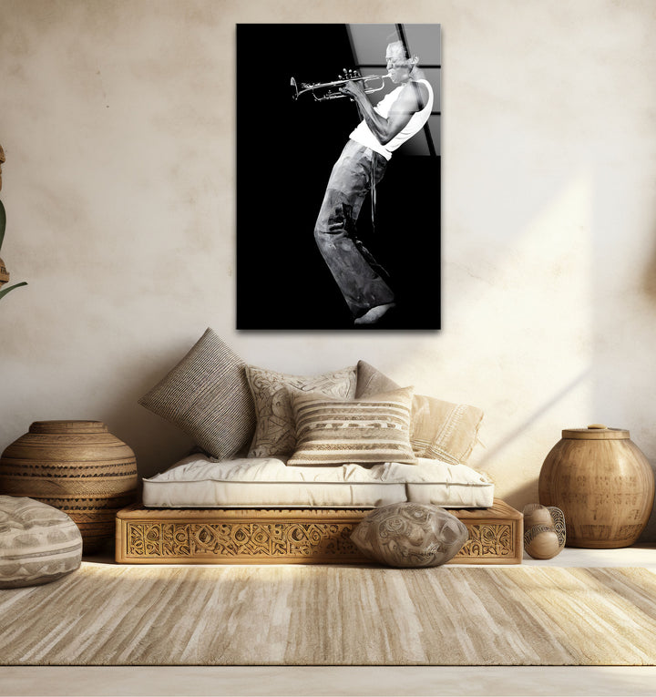 Chic black and white framed art portraying Miles Davis in a sleek, contemporary style.