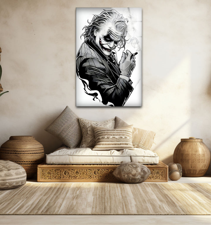 Chic black and white wall art of the Joker, perfect for fans of edgy and modern designs.