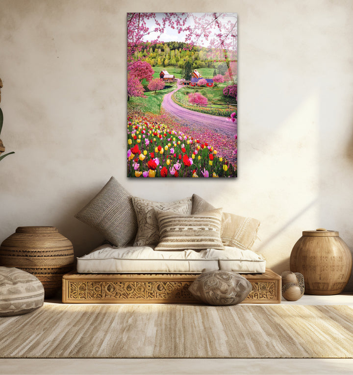 Frühlingswiese Glaswandkunst – Lebendige Blumen &amp; Landstraße
