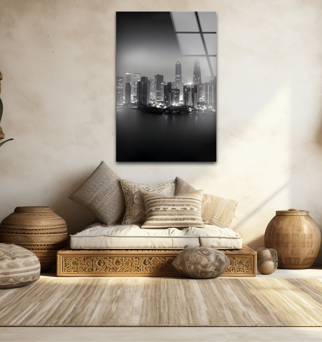 Refined black and white abstract drawings featuring Shanghai’s iconic buildings in a creative composition.