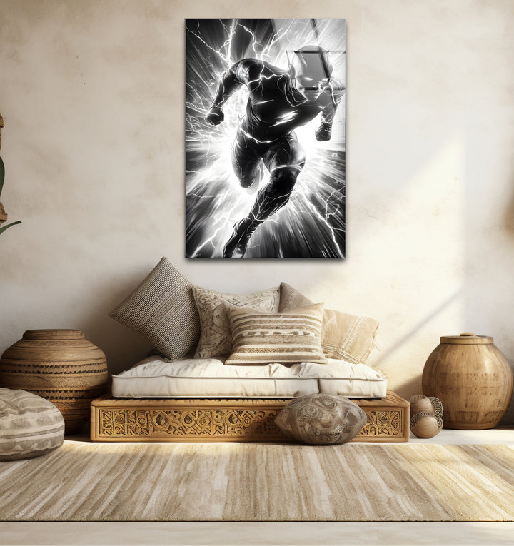 Captivating black and white wall decor featuring Flash in an action-packed and striking composition
