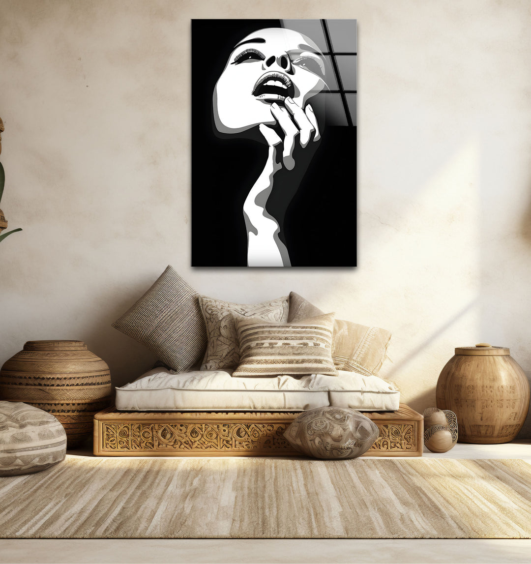 Bold black and white framed art of a woman, perfect for creating a striking focal point in any space.