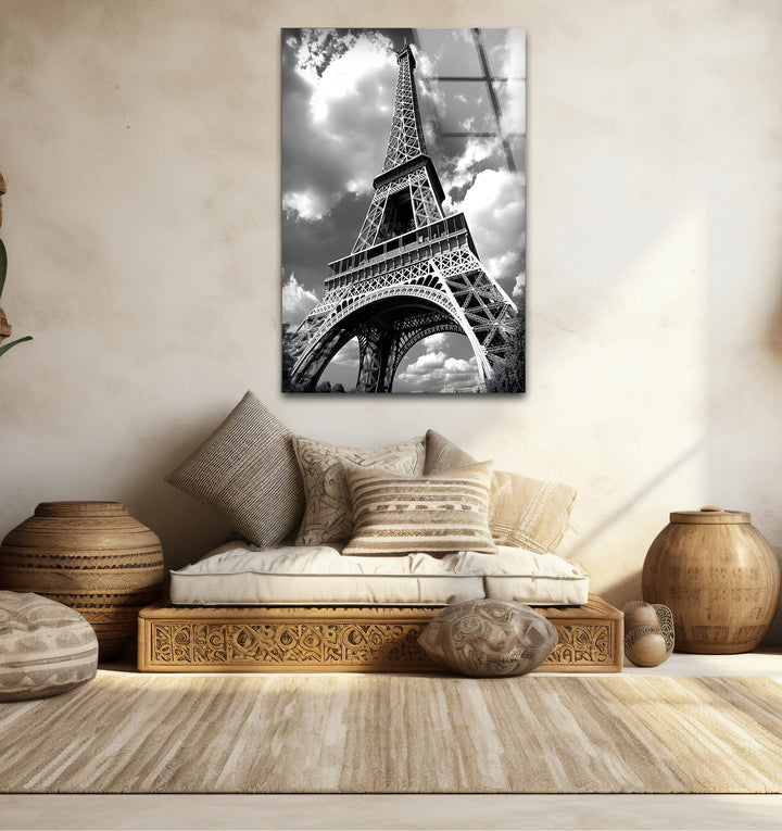 Chic black and white wall art of the Eiffel Tower close-up ideal for enhancing modern and elegant interiors
