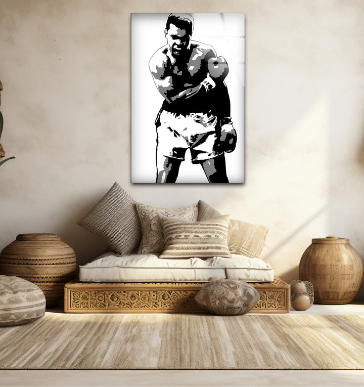 Chic black and white wall art of Muhammad Ali perfect for creating a focal point in modern interiors
