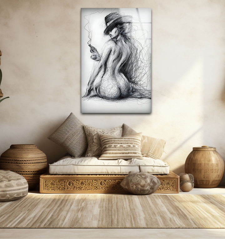 Sophisticated erotic nude art paired with sleek glass wall decor ideas
