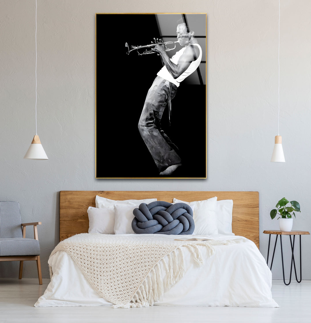 Captivating black and white wall decor blending artistic flair with Miles Davis’s legendary image.