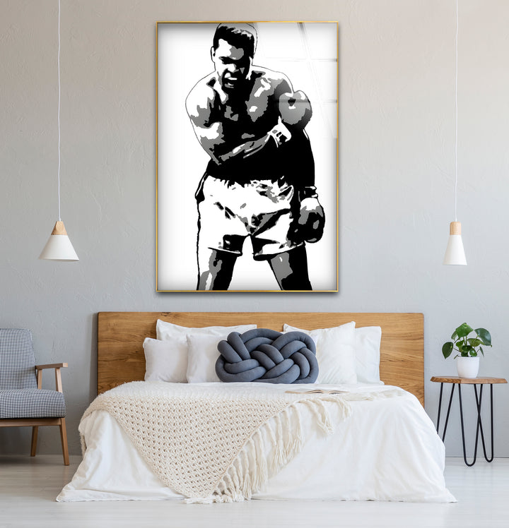 Refined black and white abstract drawings featuring Muhammad Ali in a creative and dynamic design
