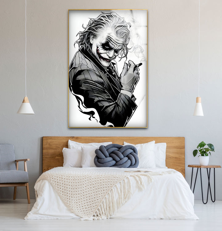 Refined black and white abstract drawings illustrating the Joker’s enigmatic smile with detailed textures.