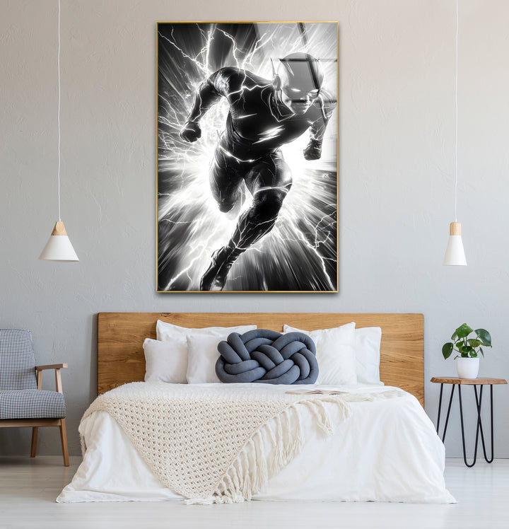 Modern black and white artwork highlighting the speed and energy of Flash in a minimalist design
