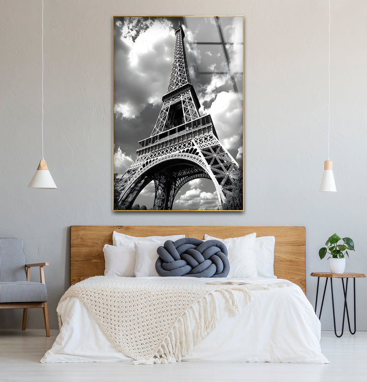 Refined black and white abstract drawings featuring a detailed close-up of the Eiffel Tower in high contrast
