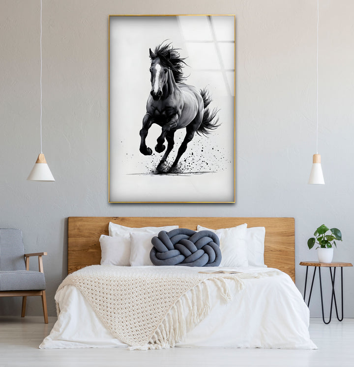 Timeless black and white artwork featuring a dynamic horse silhouette against a minimalist background.