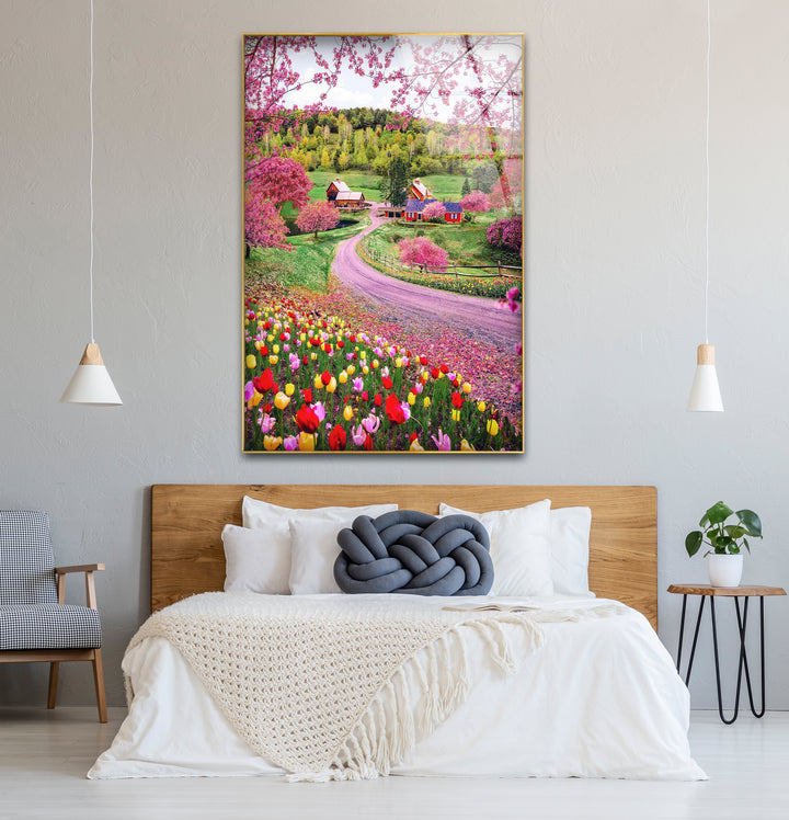 Frühlingswiese Glaswandkunst – Lebendige Blumen &amp; Landstraße