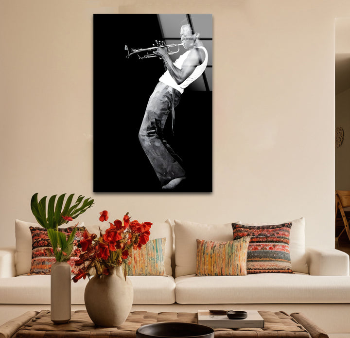 Unique black and white wall art of Miles Davis, perfect for music enthusiasts and art lovers alike.