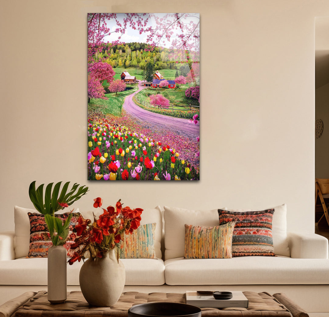 Frühlingswiese Glaswandkunst – Lebendige Blumen &amp; Landstraße