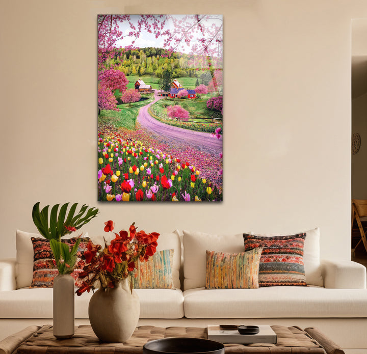 Frühlingswiese Glaswandkunst – Lebendige Blumen &amp; Landstraße