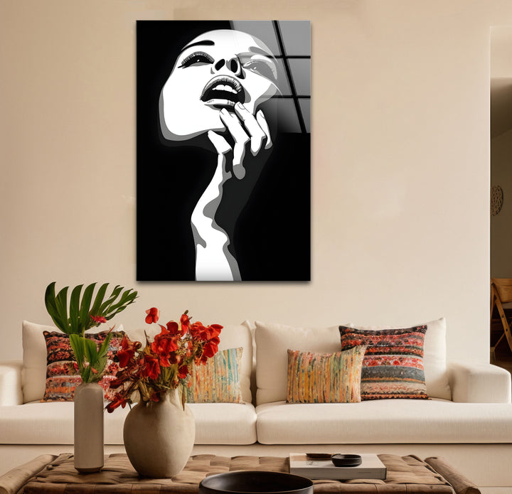 Refined black and white wall art featuring a dramatic portrait of a woman with high contrast details.