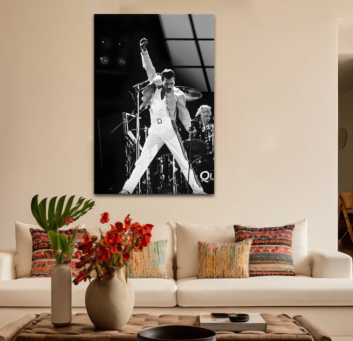 Freddie Mercury black and white framed art, ideal for offices.
