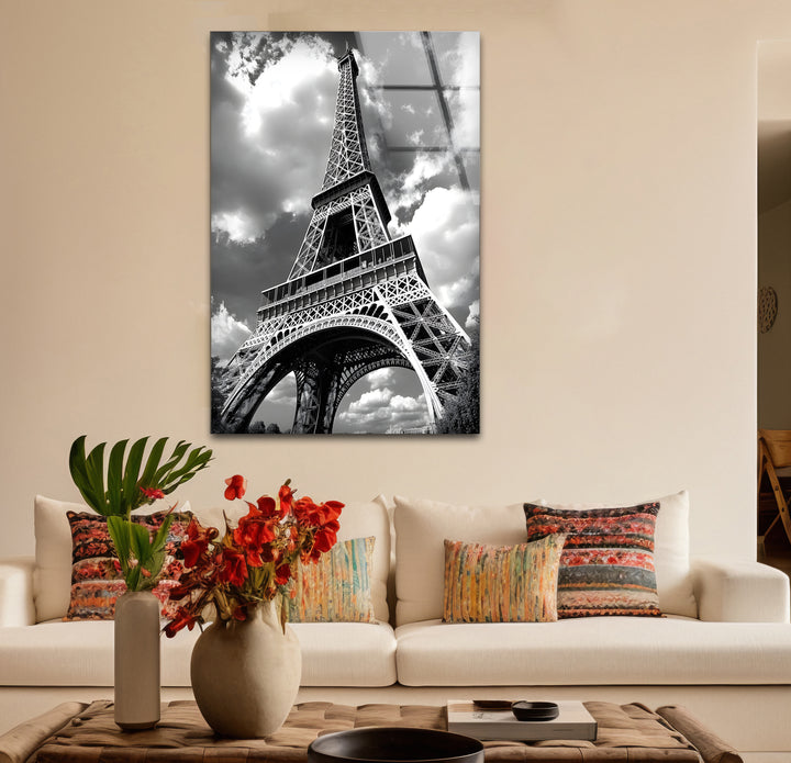 Timeless black and white paintings of the Eiffel Tower close-up perfect for adding charm to any space

