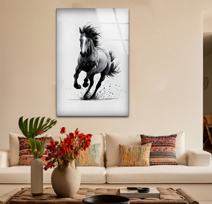 Artistic black and white wall art with fluid designs of horses in full stride.