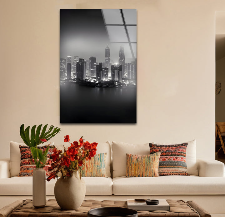 Artistic black and white abstract art portraying Shanghai’s skyline with bold lines and textures.
