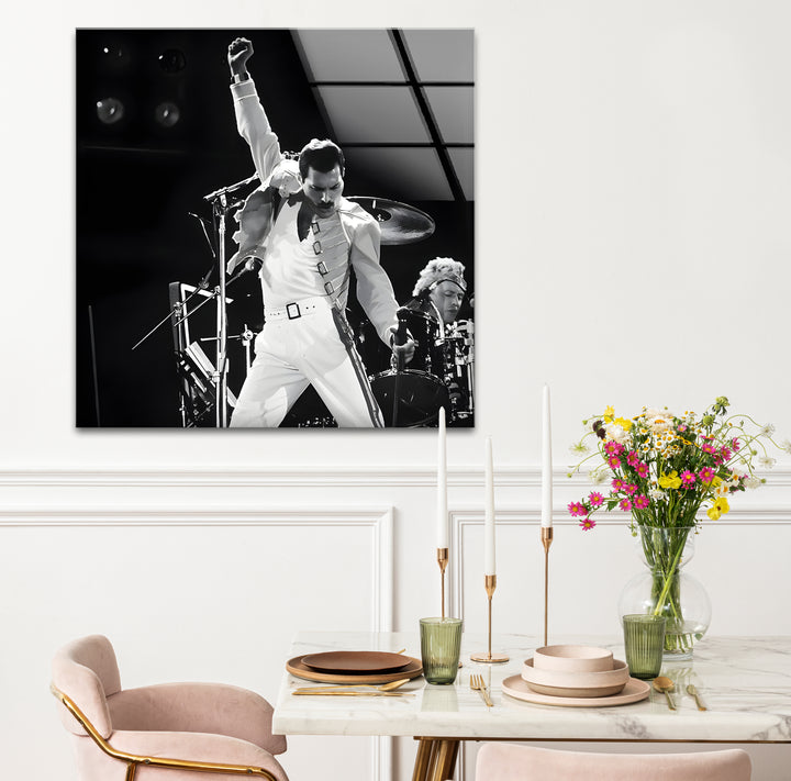 Unique black and white artwork of Freddie Mercury in performance.