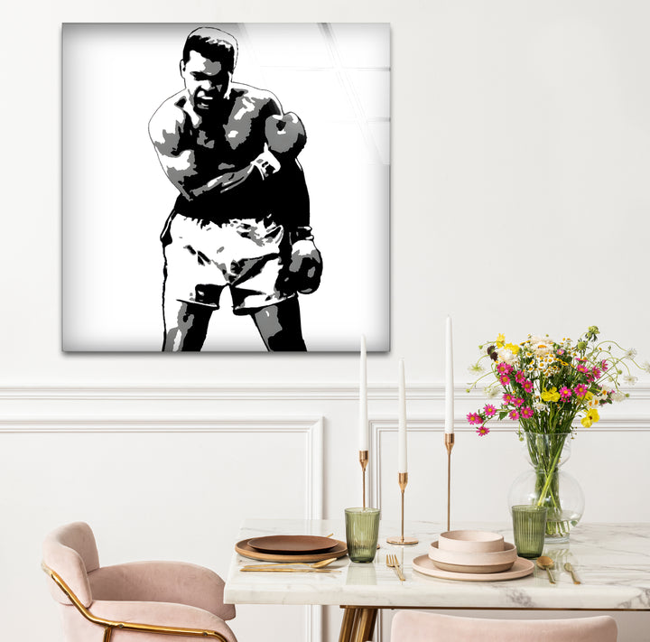 Artistic black and white abstract art portraying Muhammad Ali with expressive lines and textures
