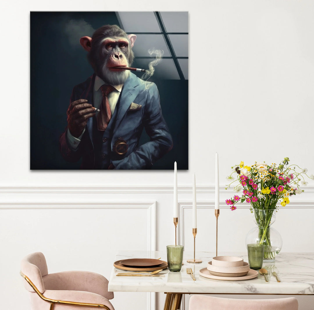 Smoking Monkey Wall Art – Funny Dressed-Up Chimp in Suit Glass Print for Bold Modern Decor - MyPhotoStation
