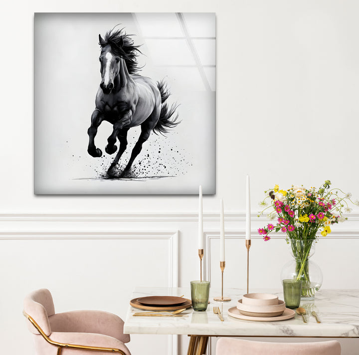 Unique black and white paintings depicting running horses with expressive lines and shading.