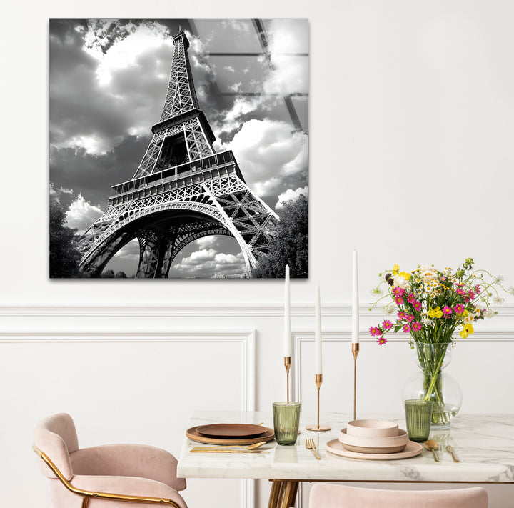 Artistic black and white abstract art portraying the Eiffel Tower with expressive lines and striking contrasts
