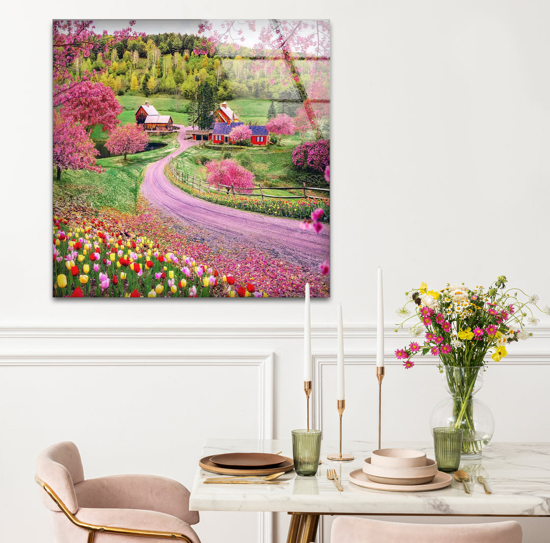Frühlingswiese Glaswandkunst – Lebendige Blumen &amp; Landstraße