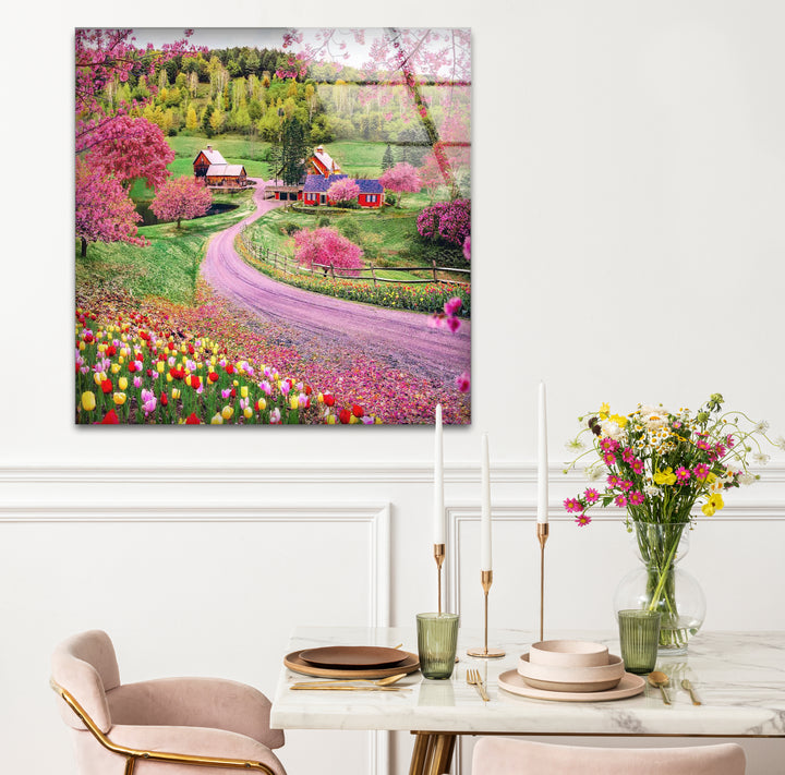 Frühlingswiese Glaswandkunst – Lebendige Blumen &amp; Landstraße