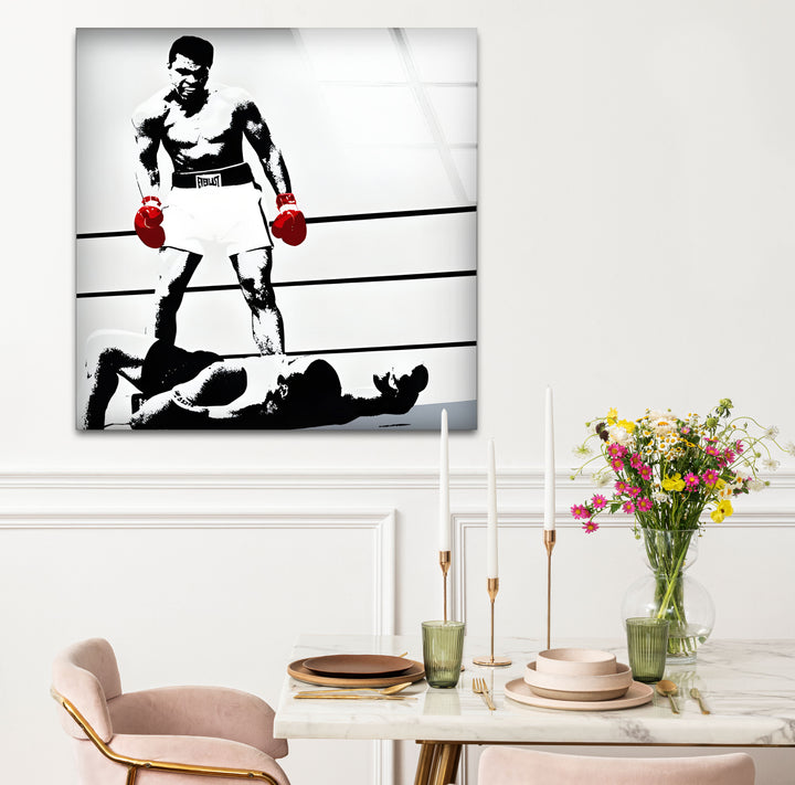 Bold black and white abstract art portraying Muhammad Ali with expressive lines and textures.