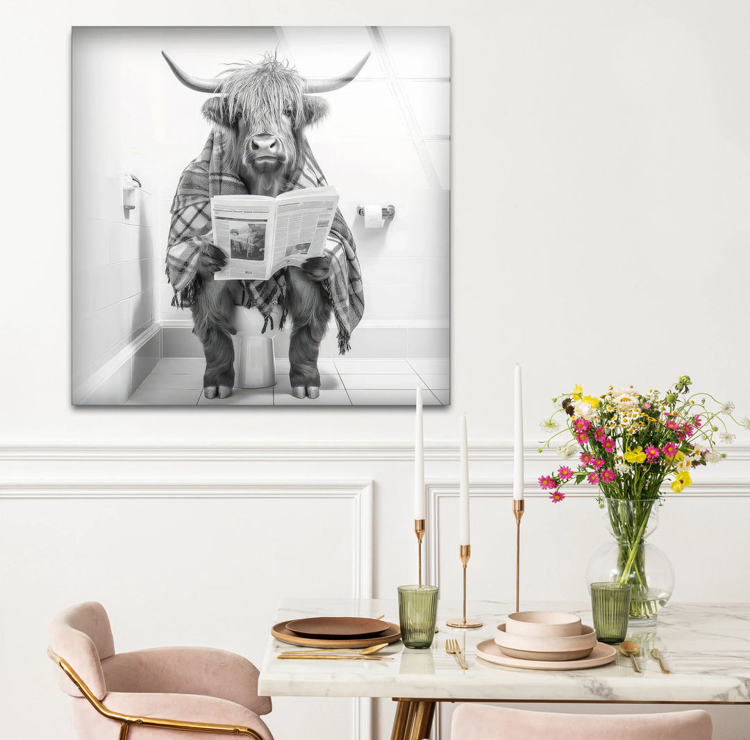 Plaid Highland Cow Bathroom Wall Art – Funny Black and White Glass Print for Rustic Decor - MyPhotoStation