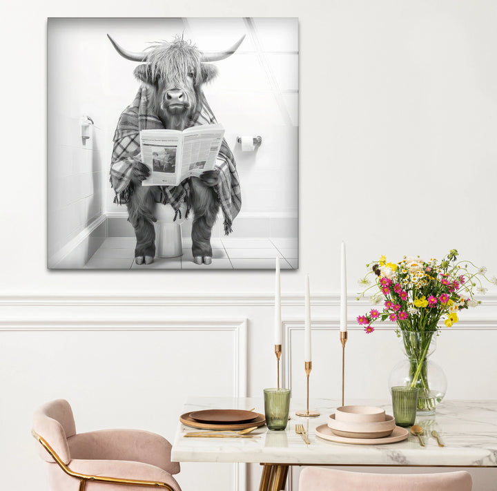 Plaid Highland Cow Bathroom Wall Art – Funny Black and White Glass Print for Rustic Decor - MyPhotoStation