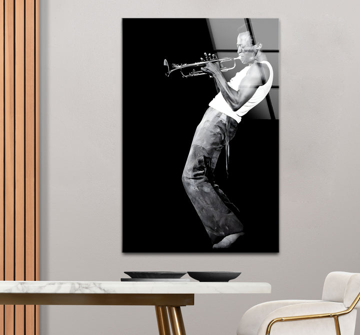 Sophisticated black and white wall decor showcasing Miles Davis in a timeless jazz performance.
