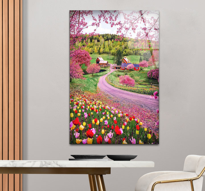 Frühlingswiese Glaswandkunst – Lebendige Blumen &amp; Landstraße