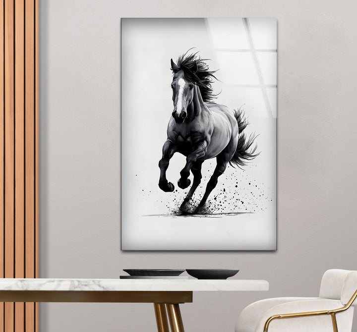 Striking black and white wall decor showcasing a running horse in minimalist brushwork.