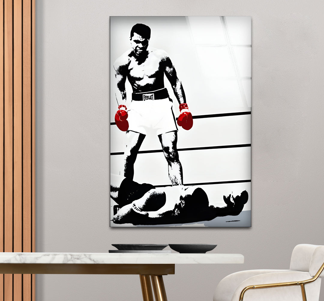 Modern black and white framed art celebrating the legacy of Muhammad Ali with an abstract touch.