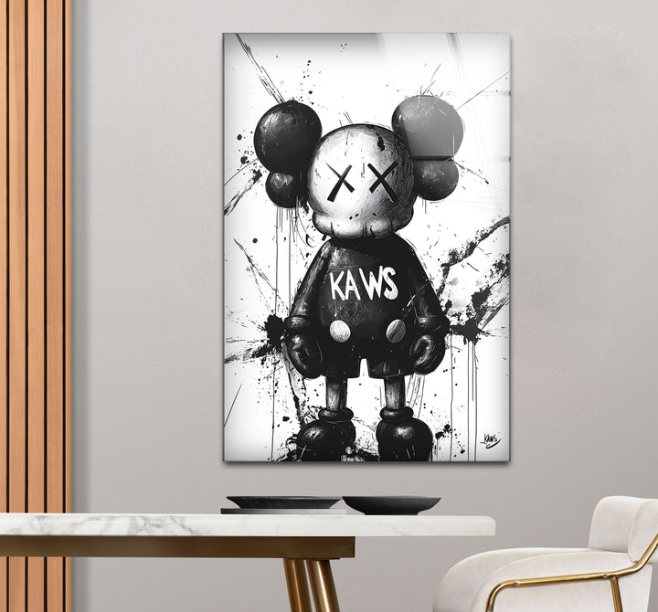 Artistic black and white abstract art portraying Mickey Mouse with Kaws' signature expressive details.