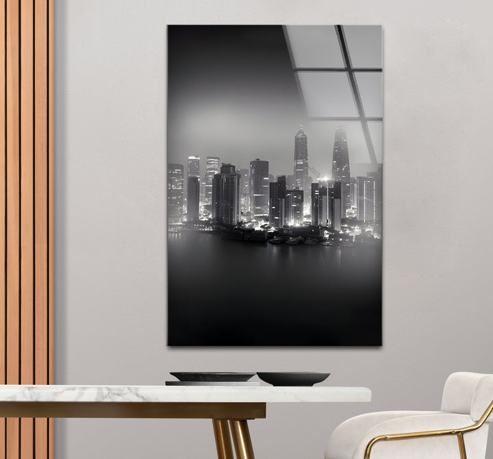 Modern black and white wall decor highlighting the architectural beauty of Shanghai, China.
