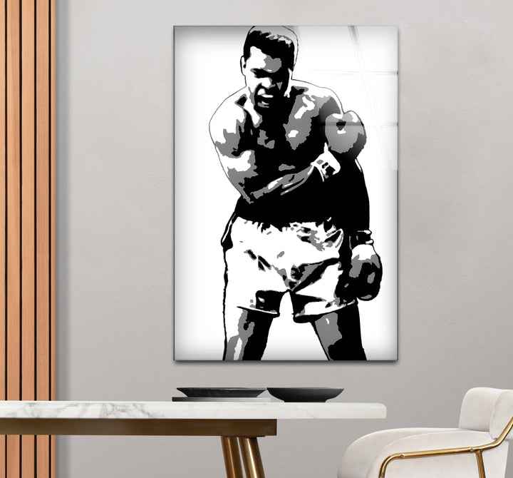 Sophisticated black and white framed art capturing the strength and charisma of Muhammad Ali
